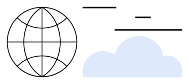 Şebeke çizgileri olan bir dünya ve yatay çizgileri olan bir bulut küresel erişimi, ağı ve teknolojiyi akla getiriyor. Teknoloji, iletişim, yenilik, bulut hesaplama, küresel bağlantı, iş