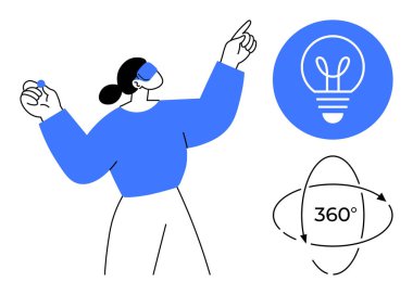 Sanal gerçeklik teçhizatı kullanan bir kadın 360 dönüş konsepti ve yenilik fikri sembolü ile etkileşime giriyor. Teknoloji, yaratıcılık, yenilik, eğitim, öğrenme, beyin fırtınası, basit iniş için ideal