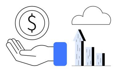 El ele tutuşan para, yükselen tablo ve dijital finans, yatırım büyümesi ve teknoloji entegrasyonunu sembolize eden bulut. Bankacılık, tasarruf, fintech ve ticari başarı için ideal