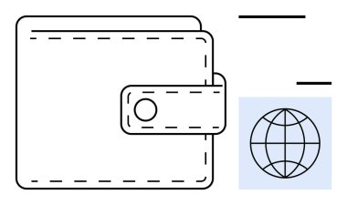 Temiz çizgilerde dünya simgesinin yanında düğme tokalı cüzdan, finansal çözümleri ve çevrimiçi erişilebilirliği vurguluyor. Ödeme için ideal, nakitsiz, finansman, teknoloji, e-ticaret, küreselleşme