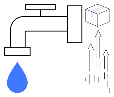 Musluk mavi bir damla salıyor, oklar büyümeyi ya da ilerlemeyi gösteriyor, kutu ambalaj ipuçları. Suyun korunması, sürdürülebilirlik, kaynaklar, yenilik, hedefler verimlilik çözümleri için idealdir. Basit düz