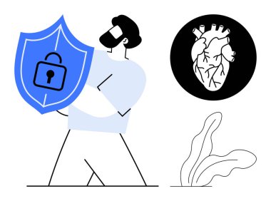 Güvenliği simgeleyen kilitli bir kalkan tutan adam sağlığını gösteren siyah çemberdeki anatomik kalp ve minimum bitki dekoru. Sağlık, siber güvenlik, mahremiyet, tıbbi bakım için ideal