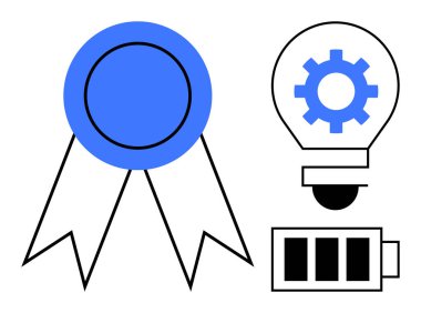 Çarklı ampulün yanında mavi kurdele ve şarjlı batarya başarıyı, yeniliği ve enerjiyi taşıyor. Başarı, üretkenlik, motivasyon, ilerleme, öğrenme, yaratıcılık ve teknoloji için ideal