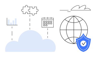 Grafik, takvim, bulmaca parçaları, küre, noktalı çizgilerle birbirine bağlı güvenlik kalkanı. Basit bir iş, teknoloji, güvenlik, veri görselleştirme küresel entegrasyon bulutu hesaplaması için ideal