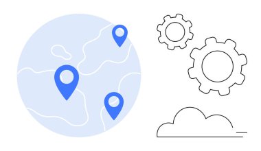 Bir dünya haritasında mavi konum işaretleri, ana hatları belirlenmiş vitesler ve basit bir bulut bağlantıyı, sistem optimizasyonunu ve navigasyonu sembolize eder. Küresel lojistik, haritalama, teknoloji, bulut sistemleri için ideal