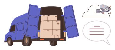 Kutularla dolu bir minibüs, bulut tabanlı kamera monitörü ve konuşma baloncuğu. Lojistik, güvenlik, teknoloji, iletişim, ulaşım güvenliği için ideal. Basit düz metafor
