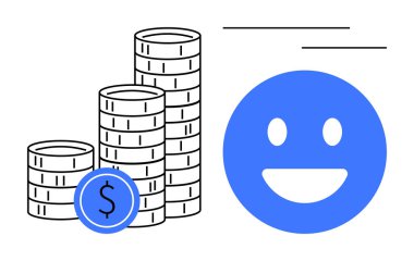 Dolarlık işaretli bozuk paralar ve büyük mavi mutlu bir yüz. Finans, yatırım, tasarruf, kar, müşteri memnuniyeti, finansal refah, basit iniş sayfası için ideal