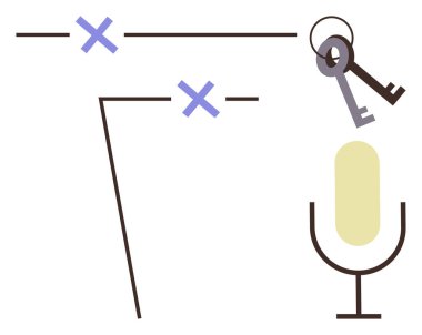 Ses, güvenlik, erişim ve diyalog odaklı soyut çizgiler ve anahtarlarla eşleştirilmiş mikrofon sembolü. İletişim, güvenlik, ses kaydı, podcast, şifreleme yayıncılığı için ideal