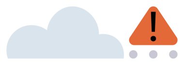 Turuncu alarm üçgeninin yanındaki bulut grafiğinde ünlem işareti ve noktalı çizgi var. Veri güvenliği, sistem hatası, bulut hesaplama, risk yönetimi, bilişim sorunları, çevrimiçi tehditler, basit daire