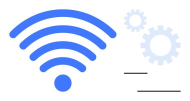 Açık mavi vitesli ve minimalist tasarım çizgileri olan mavi kablosuz sembol. Dijital iletişim, teknoloji, internet erişimi, veri alışverişi, ağ kurma, otomasyon için ideal, basit düz metafor