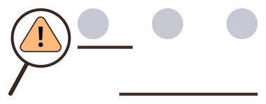 Büyüteç, noktaların ve çizgilerin yanında ünlem işareti olan üçgen uyarı işaretini vurguluyor. Analiz, odaklanma, ihtiyat, soruşturma, sorun çözme, izleme ve hata tespit için ideal