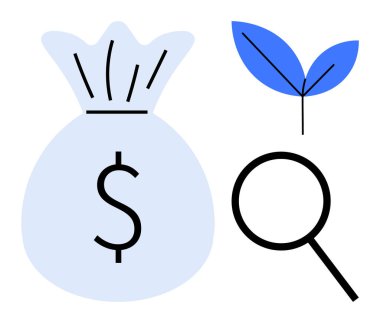Dolar işaretli para çantası, büyüteç ve yaprak unsuru maddi büyüme, çevre dostu finans ve yatırım potansiyelini temsil ediyor. Yenilenebilir enerji, ekonomik araştırma ve analiz için ideal