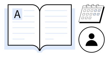 Metin, takvim ve eğitim, organizasyon, hedef belirleme ve üretkenliği sembolize eden dairesel profil ikonu içeren açık bir kitap. Planlama, öğrenme, kariyer gelişimi için ideal