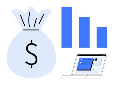 Dolar işaretli para çantası, yükselen bar grafiği, uygulamalı laptop ekranı. Finans, bütçe, yatırım, bankacılık, ekonomik planlama ve teknoloji için ideal. Basit düz metafor