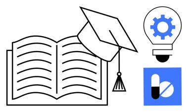 Açık kitap ve mezuniyet şapkası eğitim teçhizatı ampulünü temsil eder fikirler ve yenilikler. İlaçlar sağlık hizmetleri ve araştırma öneriyor. Eğitim, bilim, tıp, yenilik, büyüme için ideal
