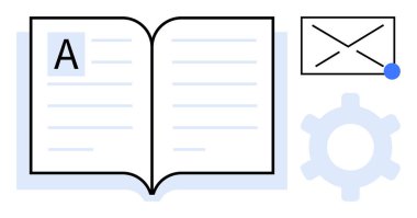 Metin içeren bir kitap, bildirim noktalı bir zarf ve bilgi, iletişim ve sistem ayarlarını sembolize eden bir vites. Eğitim, e-posta yönetimi, bildirimler, organizasyon dijital için ideal