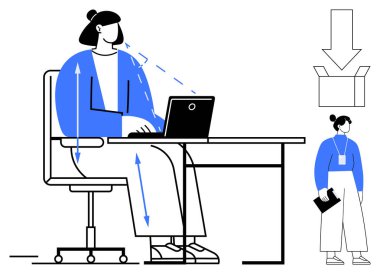 Masasında dizüstü bilgisayarı olan bir kadın. Duruş işaretleri, kutuyu gösteren bir ok, elinde dosya tutan bir meslektaşı var. Üretkenlik, işyeri refahı, takım çalışması, ergonomik, görev organizasyonu, ofis için ideal