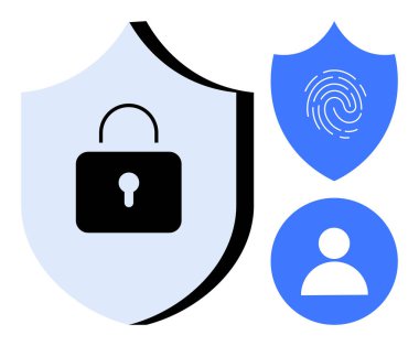 Mavi ve siyah kalkanlarda kilit, parmak izi ve kullanıcı simgesi var. Siber güvenlik, veri gizliliği, kimlik doğrulaması, şifre yönetimi, kullanıcı kimlik denetimi, erişim denetimi için ideal