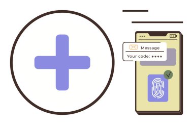 Parmak izi tarayıcısı, doğrulama kodu ve artı bir sembol gösteren mobil bir cihaz. Güvenlik, teknoloji, kimlik doğrulama, koruma, gizlilik araçları ve kimlik için idealdir. Basit düz