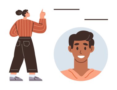 Kadın, gülümseyen bir adamın portresiyle metni yukarı doğru işaret ediyor. Takım çalışması, eğitim, rehberlik, eğitim, dijital iletişim, kişisel profil, profesyonel markalaşma için ideal. Basit.