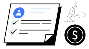 Tamamlanmış görevleri olan kontrol listesinin yanında kullanıcı profili simgesi, siyah para işaretleri ve soyut yaprak. Üretim, finans, iş başvuruları, para yönetimi, hedef belirleme, kullanıcı için ideal