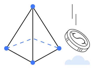 Geometrik piramit, ana hatlarıyla çizilmiş yapı, para birimi tasarımı ile düşen para, ve yumuşak bulut. Finans, yatırım, ekonomi, yenilik, minimalizm istikrar ve büyüme için idealdir. Temiz daire