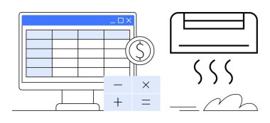 Finansal sembolleri, para birimi odağı ve hesap makinesi olan bilgisayar tablosu yazılımı. Klima sembolü iklim kontrolünü gösteriyor. Finans, bütçe, konfor, üretkenlik ve teknoloji için ideal