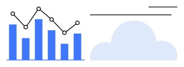 Bulut tabanlı analitik ve depolamayı temsil eden bir bulut simgesinin yanında bulunan mavi çizgi grafiği ve siyah çizgi grafiği. Teknoloji, veri, depolama, içgörü, yenilik ve ilerleme için ideal