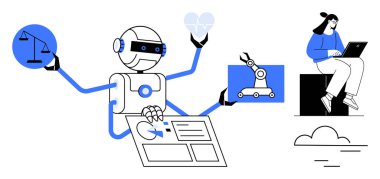 Dengeli ölçekleri, kalbi, robot kolu ve verileri yöneten robot yapay zeka verimliliğini simgeliyor. Dizüstü bilgisayarda çalışan bir kadın işbirliği anlamına gelir. Yapay zeka uygulamaları, yenilik, otomasyon için ideal