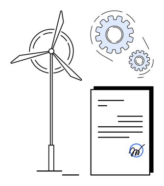 İmzalanmış belge ve vites simgeleriyle birlikte rüzgar türbini yenilenebilir enerji, yenilik ve ortaklıkları vurguluyor. Sürdürülebilirlik, iş sözleşmeleri, yeşil enerji, teknoloji, takım çalışması, yasal