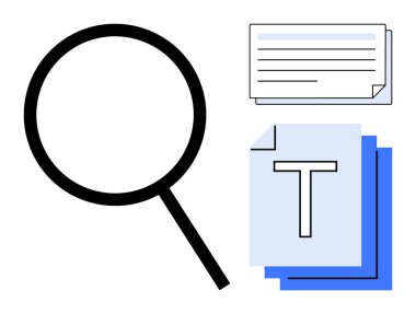 Katmanlı belgelerin yanında metin olan büyüteç. Araştırma, keşif, analiz, bilgi, organizasyon, öğrenme, arama ve basit iniş sayfası için ideal