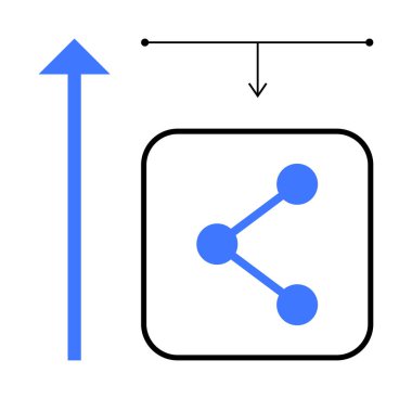 Mavi noktalar, yukarı doğru mavi ok ve minimum çizgilerle eşleştirilmiş bir kare içinde. Paylaşım, büyüme, ağ, teknoloji, bağlantı, iletişim, ilerleme, basit iniş sayfası için ideal