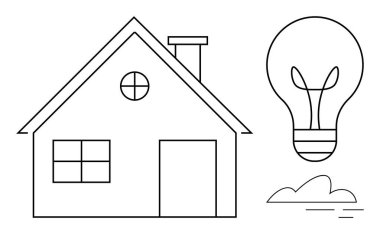 Kare pencereli, bacalı, dairesel pencereli, büyük ampullü, küçük bulutlu çizgili sanat evi. İdeal konut, enerji verimliliği, yaratıcılık, sürdürülebilirlik yeşil yaşam yeniliği temiz enerji