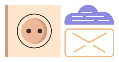 Bulutların altındaki zarfın yanında kare prizler, birleştirme teknolojisi, bağlantı, internet, e-posta, çevre ve enerji. Dijital yenilik temaları için ideal basit düz metafor