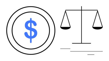 Minimalist design featuring a scale and blue dollar coin emphasizing fairness, finance, law, and ethics. Ideal for concepts of justice, equality, wealth, law, decision-making finance and balance as