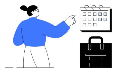 Woman pointing at a calendar while planning, with a bag nearby symbolizing work or travel. Ideal for time management, productivity, organization, scheduling, planning, appointments, business mindset