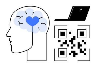 Head silhouette with heart and brain symbol, laptop, and QR code. Ideal for health, technology, mindfulness, digital integration, innovation scanning emotional intelligence. Simple flat metaphor