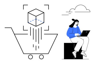 Woman working on laptop next to cloud, cube emerging into cart. Ideal for e-commerce, shopping, technology, innovation, work-from-home, 3D modeling convenience. Simple flat metaphor
