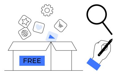 Open box labeled Free, icons popping out, magnifying glass, hand writing with pen, tech and accessibility ideas. Ideal for creativity, e-learning, technology, innovation accessibility design