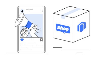 Amplifying megaphone on social media post and delivery box with shop branding. Ideal for online marketing, retail, e-commerce, content promotion, digital advertising, logistics, simple flat metaphor