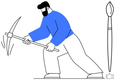 Man striking with a pickaxe, paired with an oversized artistic paintbrush. Ideal for creativity, labor, productivity, art, balance, effort, innovation simple landing page