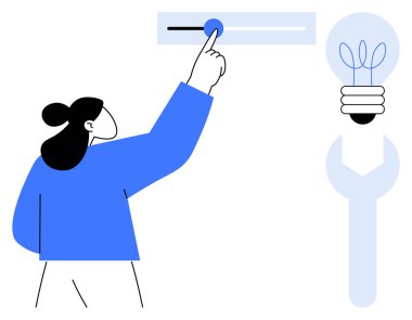 Woman adjusting control slider, light bulb symbolizing ideas and wrench representing tools for solutions. Ideal for innovation, problem-solving, creativity, brainstorming, adaptability, strategy