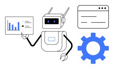 Robot holding chart with data, web window, and gear. Ideal for AI, automation, tech, innovation, data analysis process optimization future technology. Minimalist flat design