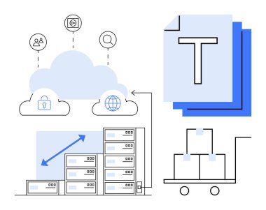 Cloud storage connects secure sharing, server scalability trends, document management, and product distribution systems. Ideal for technology, networking, data security, logistics, communication