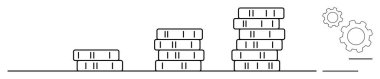 Stacked coins in ascending order symbolizing financial growth and progress, complemented by gears for systems, automation, and planning. Ideal for finance, investments, innovation, strategy, business