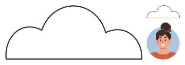 Smiling womans face inside blue circle with a stylized cloud above. Ideal for creativity, innovation, growth, brainstorming, teamwork, technology, problem-solving. Minimal and simple flat metaphor