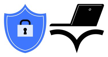 Blue shield lock symbolizing security alongside a black laptop on open book for knowledge, learning, or secure access, ideal for education, privacy, technology, protection, online learning, safety