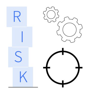 Stacked blocks spelling RISK, two interconnected gears, and a target. Ideal for business strategy, risk analysis, goal setting, decision-making, innovation, planning and simple landing page