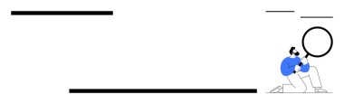 Individual kneeling with magnifying glass, analyzing closely. Ideal for research, analysis, exploration, discovery, focus, inspection attention to detail. Simple flat metaphor