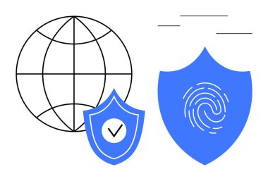 Globe with interconnected lines, blue shield with checkmark, fingerprint on another shield. Ideal for cybersecurity, privacy, technology, biometrics, internet safety, online identity secure access